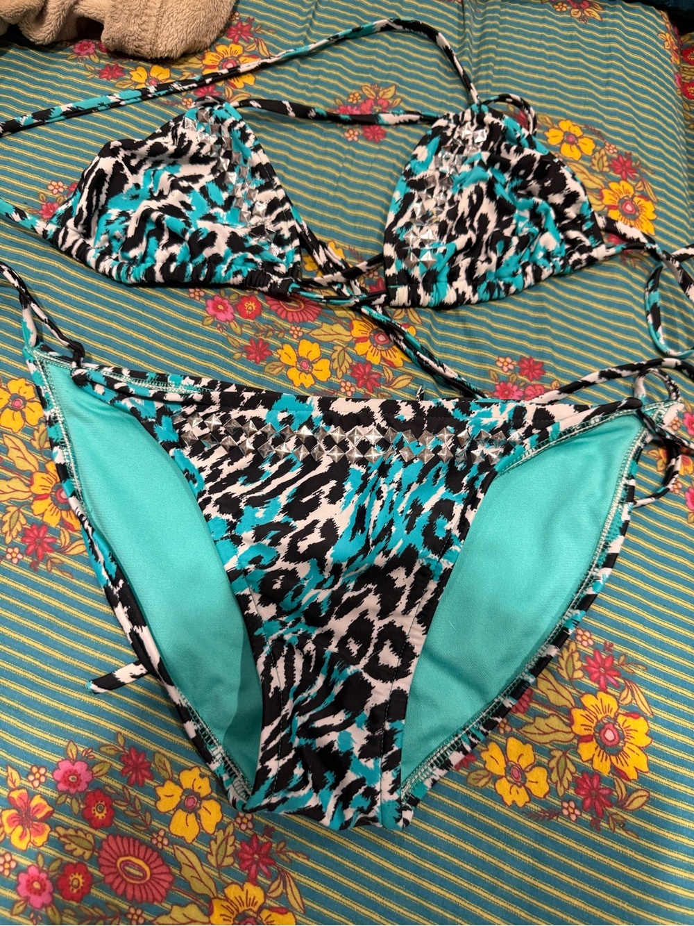 Xhilaration Teal Black White Animal Print Tie Bikini vintage grommet grunge